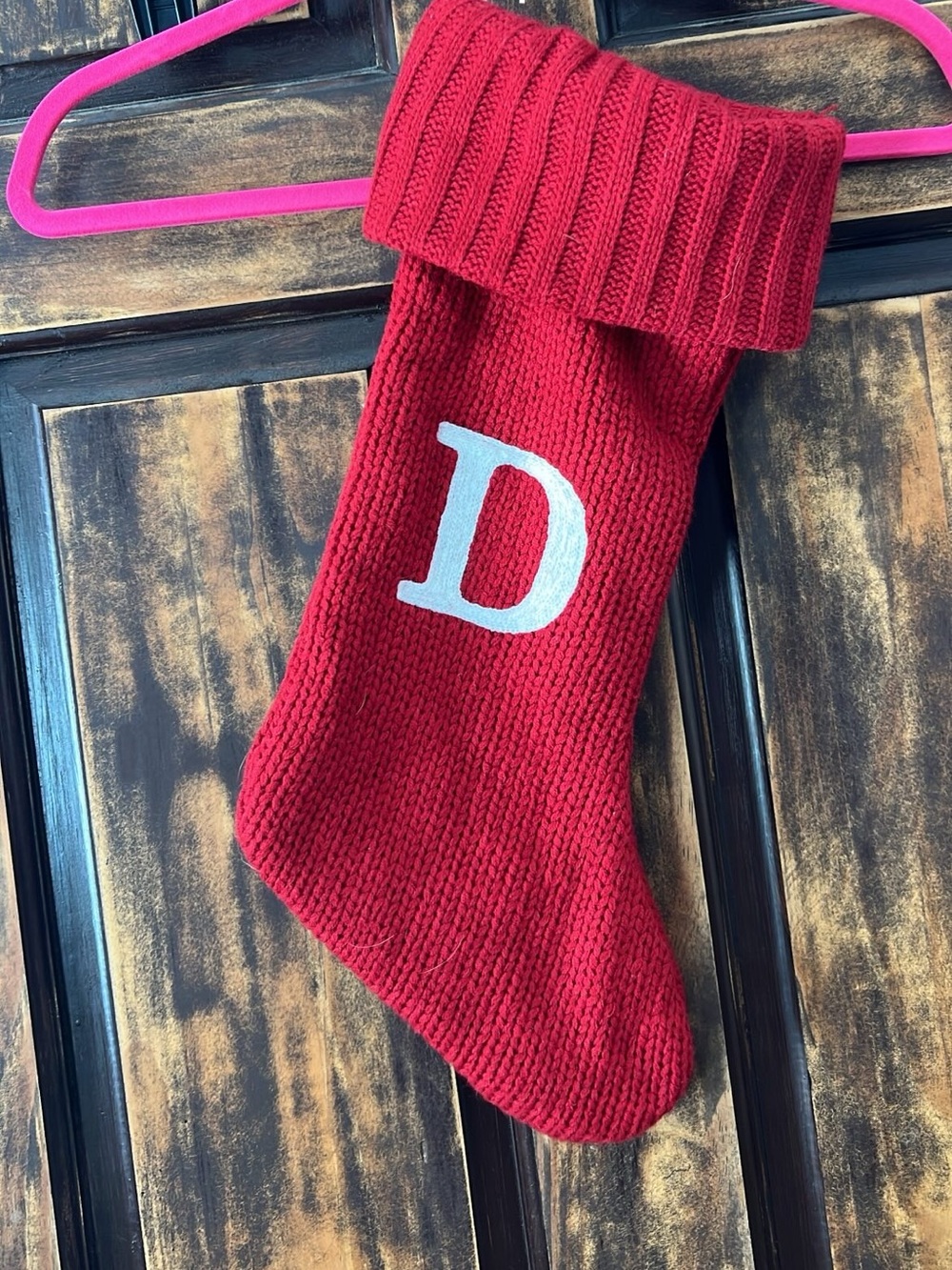 Red Knit Holiday Stocking with White 'D' Initial